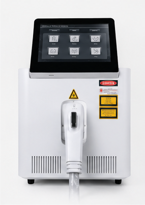 HR-LASE™ tri-wavelength diode laser, straight-on front view with controls and safety placards visible.