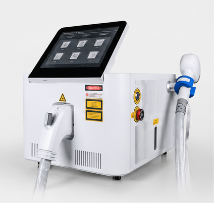 HR-LASE™ tri-wavelength diode laser, three-quarter front view showing touchscreen panel and articulating handpiece in cradle.